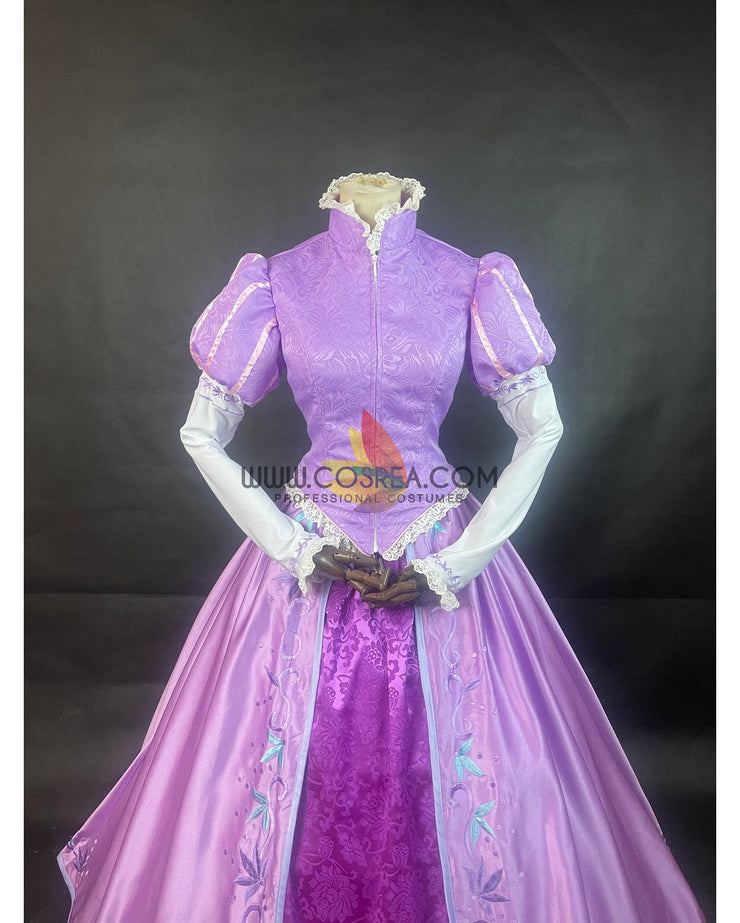 rapunzel purple dress Dreamy collection Disney Tangled princess winter park gown color sleeves with paneled detailing over long light pink mesh sleeves Little Adventures 12142 Deluxe Rapunzel