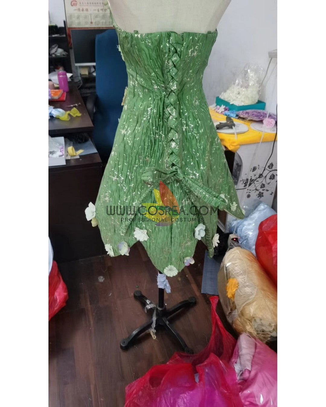 Tinkerbell With Faux Flowers Cosplay Costume With Boning / Combination Lace Tie Tinkerbell With Faux Flowers Cosplay Costume With Boning / Combination Lace Tie