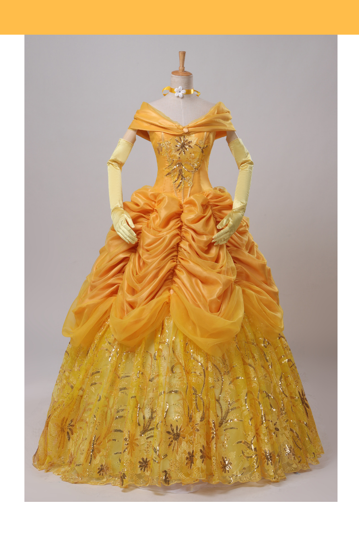 Princess Belle Amber Gold With Embroidery Accent Beauty And Beast Cosplay Costume With Boning / Combination Lace Tie