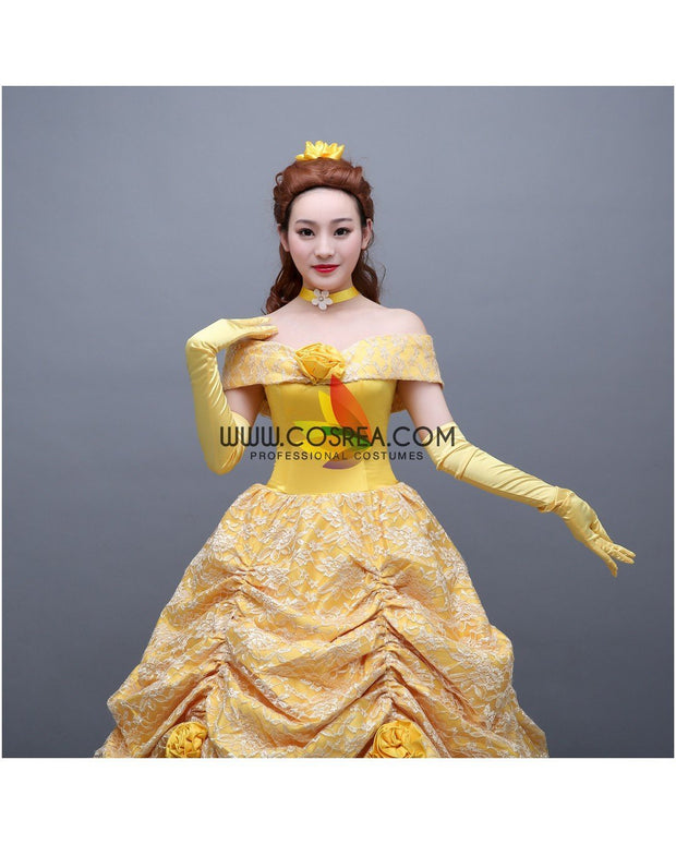 Princess Belle Classic Floral Brocade Tiered Beauty And Beast Cosplay Costume
