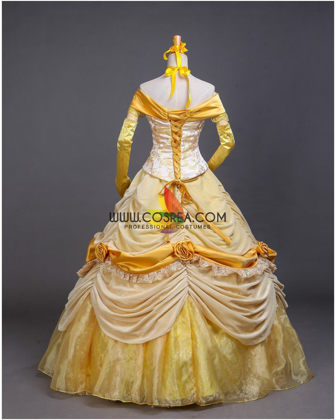 strapless open back dress Princess Belle Light Gold Velvet Beauty And Beast Cosplay Costume