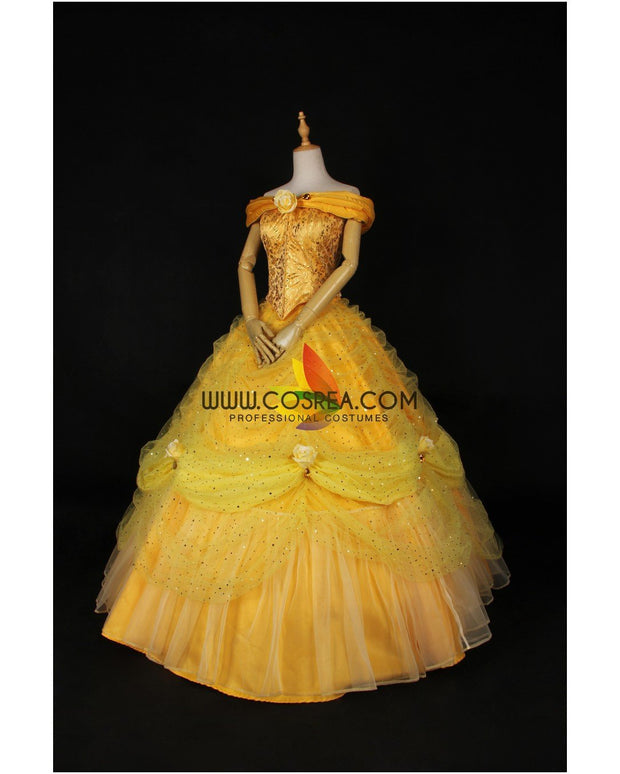 Princess Belle Rose Gold Brocade Drape Beauty And Beast Cosplay Costume