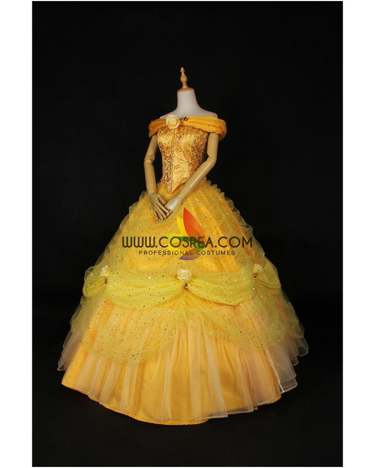 Princess Belle Rose Gold Brocade Drape Beauty And Beast Cosplay Costume