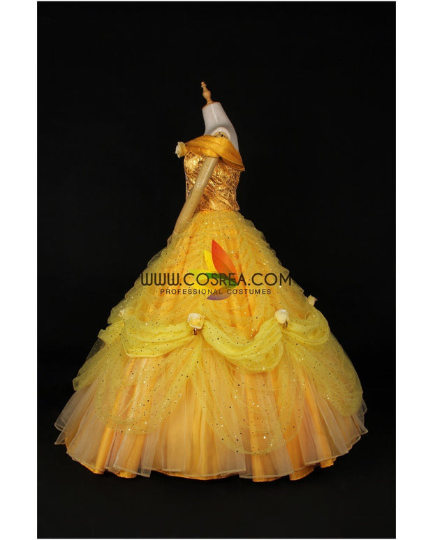 Princess Belle Rose Gold Brocade Drape Beauty And Beast Cosplay Costume
