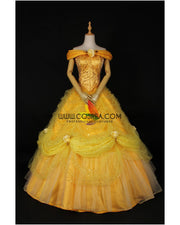 Princess Belle Rose Gold Brocade Drape Beauty And Beast Cosplay Costume