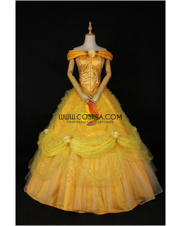 Princess Belle Rose Gold Brocade Drape Beauty And Beast Cosplay Costume