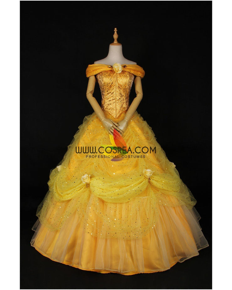 Princess Belle Rose Gold Brocade Drape Beauty And Beast Cosplay Costume