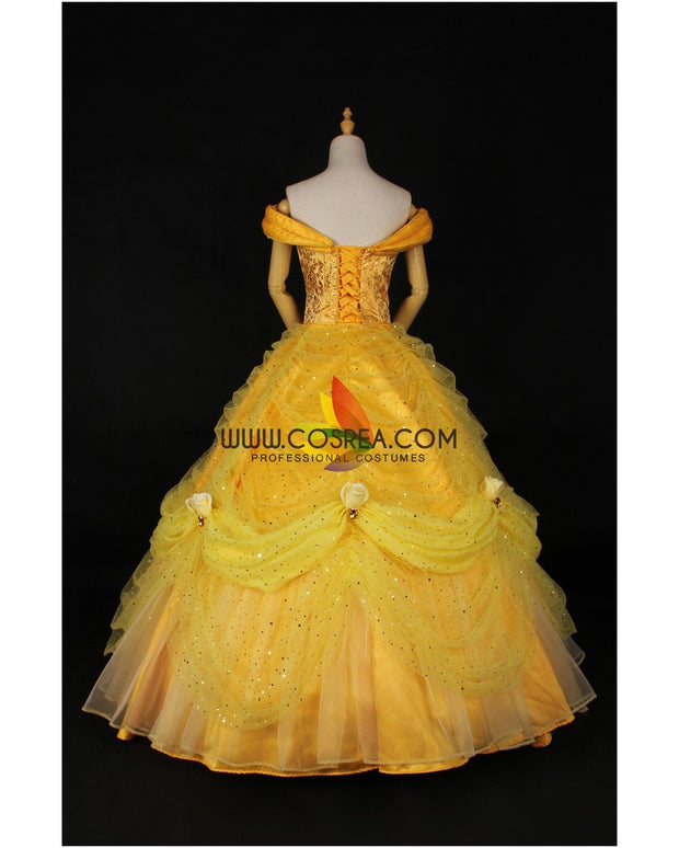 Princess Belle Rose Gold Brocade Drape Beauty And Beast Cosplay Costume