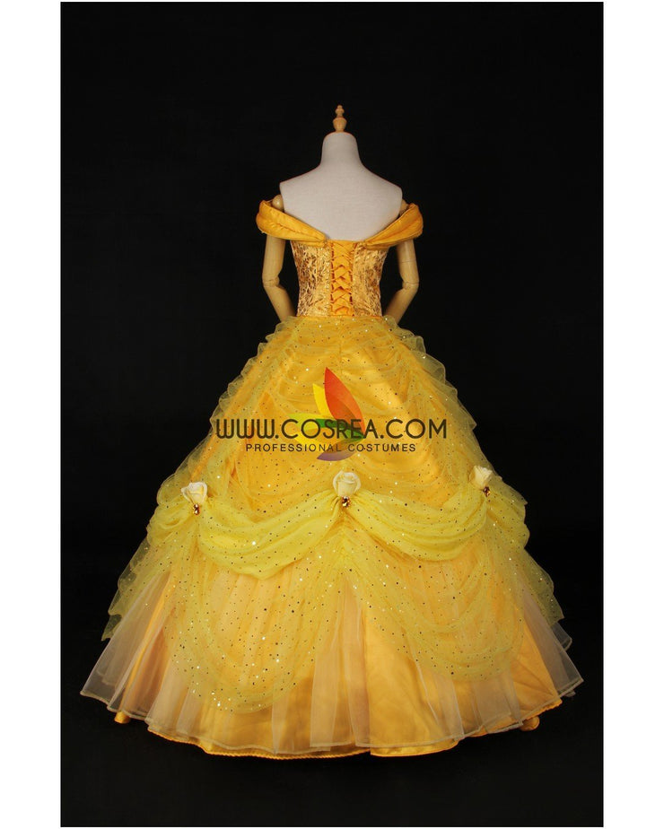 Princess Belle Rose Gold Brocade Drape Beauty And Beast Cosplay Costume