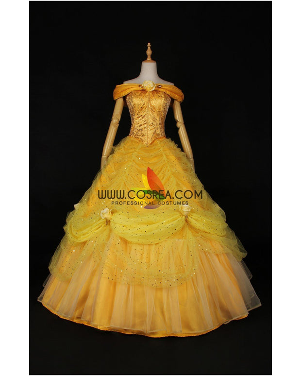 Princess Belle Rose Gold Brocade Drape Beauty And Beast Cosplay Costume