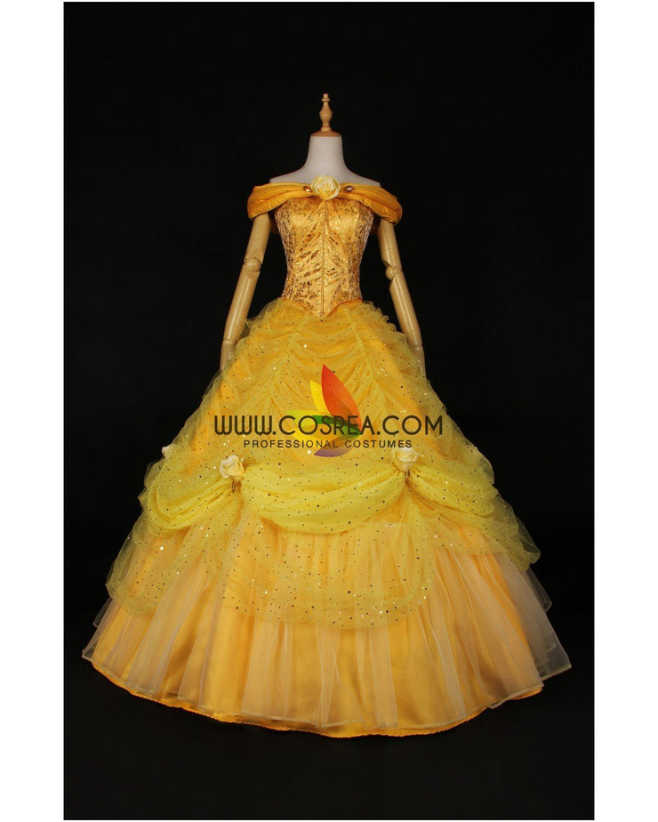 Princess Belle Rose Gold Brocade Drape Beauty And Beast Cosplay Costume