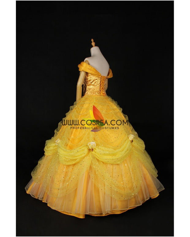 Princess Belle Rose Gold Brocade Drape Beauty And Beast Cosplay Costume