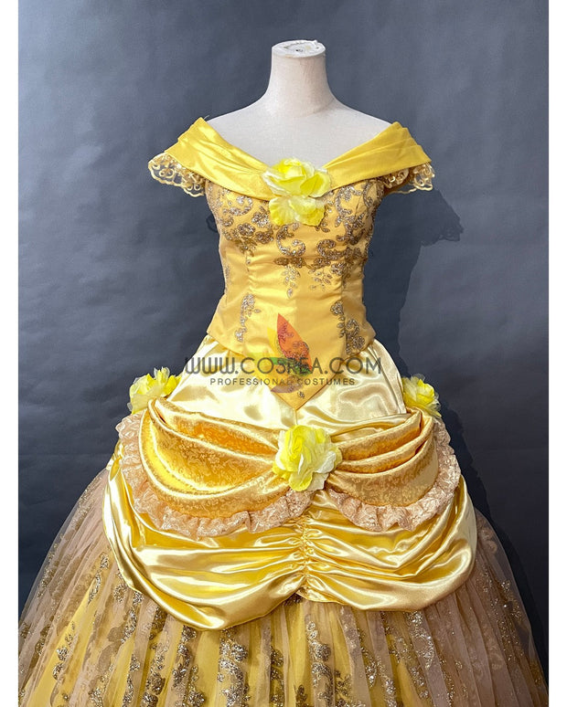 Cosrea Disney Beauty And Beast Belle With Silver Sequined Lace Cosplay Costume