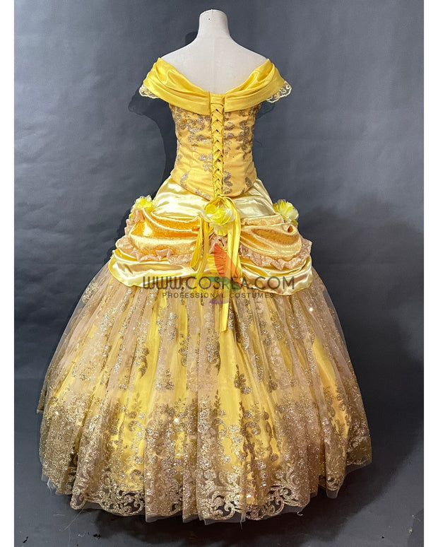 Cosrea Disney Beauty And Beast Belle With Silver Sequined Lace Cosplay Costume