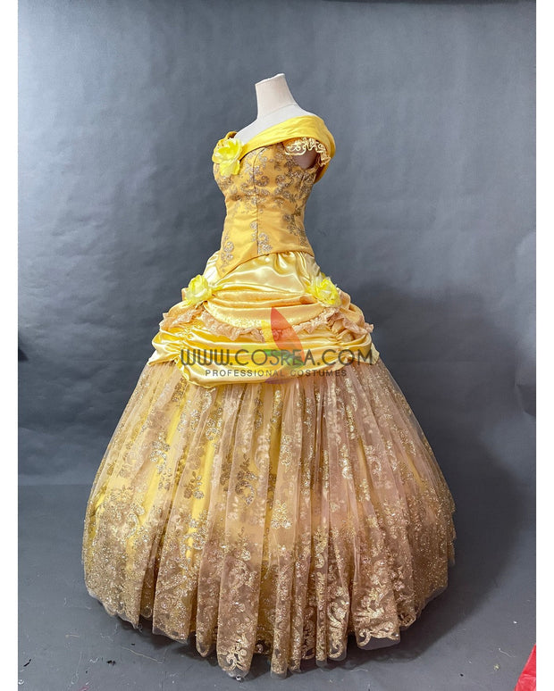 Cosrea Disney Beauty And Beast Belle With Silver Sequined Lace Cosplay Costume