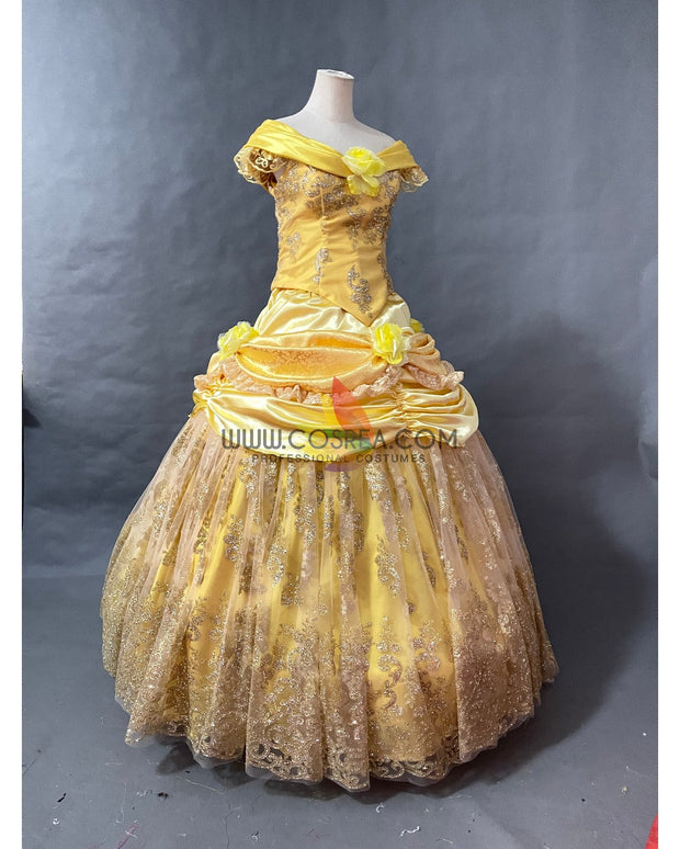 Cosrea Disney Beauty And Beast Belle With Silver Sequined Lace Cosplay Costume