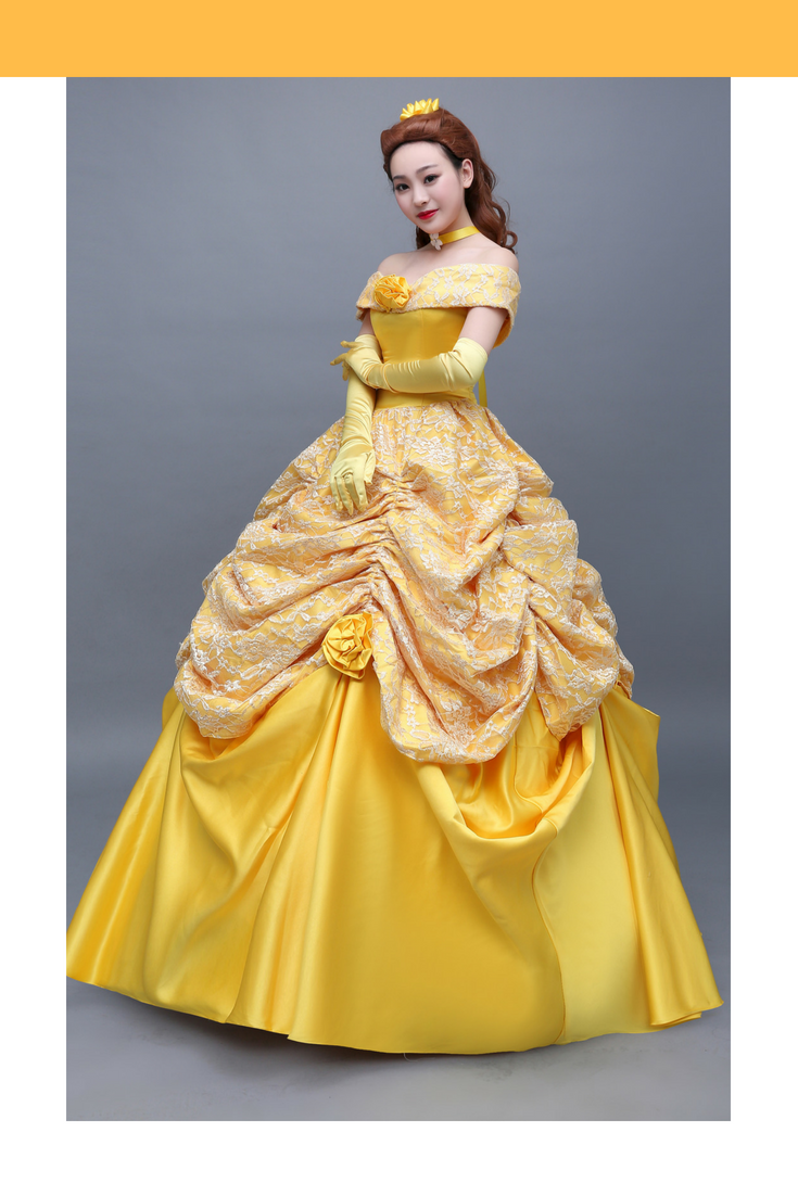 Princess Belle Classic Floral Brocade Tiered Beauty And Beast Cosplay Costume Without Boning / Combination Lace Tie Princess Belle Classic Floral Brocade Tiered Beauty And Beast Cosplay Costume Without Boning / Combination Lace Tie