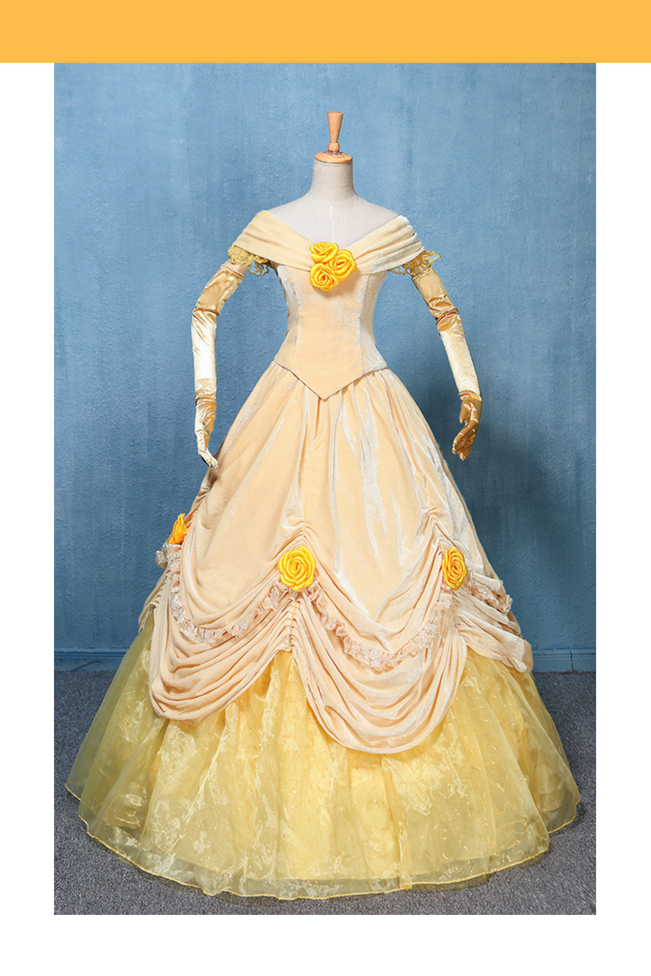 Princess Belle Light Yellow Velvet Beauty And Beast Cosplay Costume With Boning / Concealed Zipper