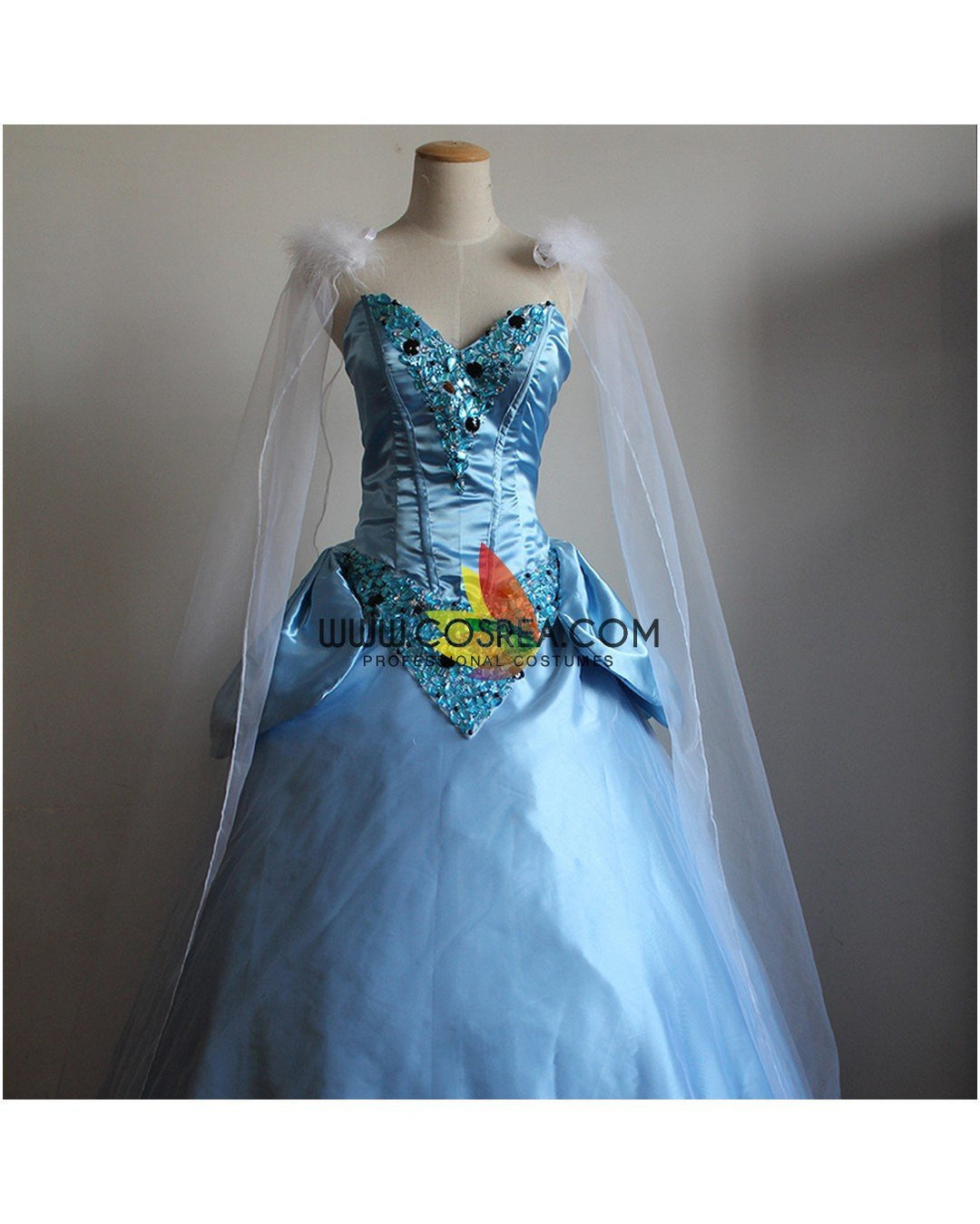 Princess Cinderella Sequin Gems Satin Dress With Chiffon Veil Cosplay Costume - Cosrea Cosplay Princess Cinderella Sequin Gems Satin Dress With Chiffon Veil Cosplay Costume - Cosrea Cosplay