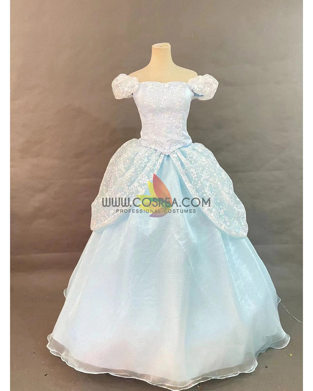 Cosrea Disney Cinderella With White Floral Lace Overlayer Cosplay Costume