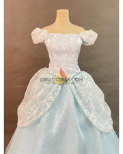 Cosrea Disney Cinderella With White Floral Lace Overlayer Cosplay Costume