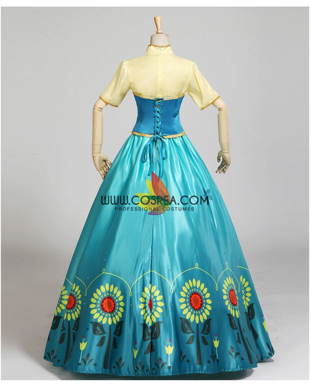Frozen Fever Anna Turquoise Satin Embroidered Cosplay Costume