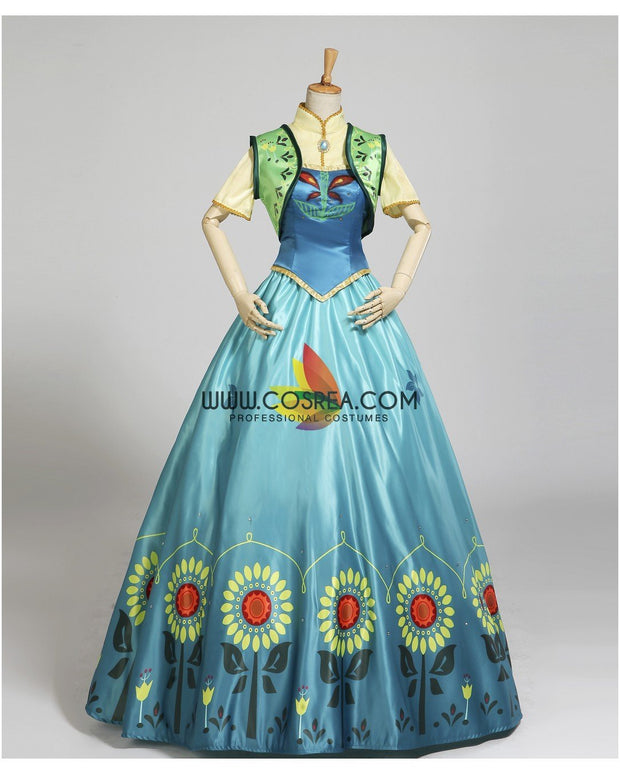 Frozen Fever Anna Turquoise Satin Embroidered Cosplay Costume
