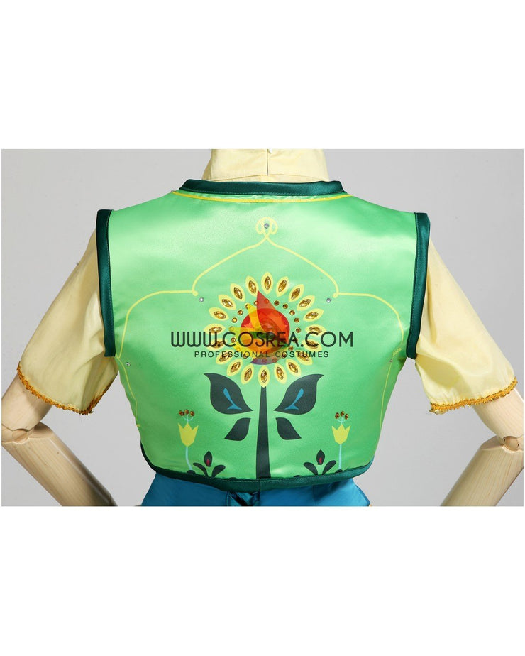 Frozen Fever Anna Turquoise Satin Embroidered Cosplay Costume