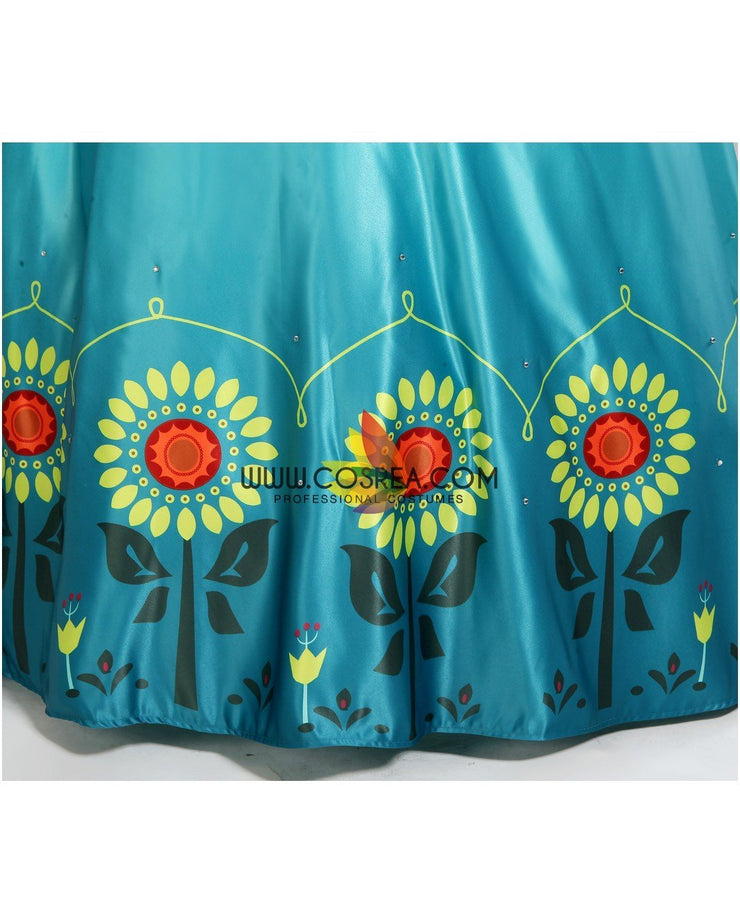 Frozen Fever Anna Turquoise Satin Embroidered Cosplay Costume