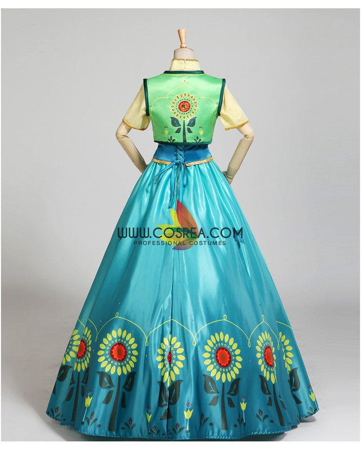 Frozen Fever Anna Turquoise Satin Embroidered Cosplay Costume