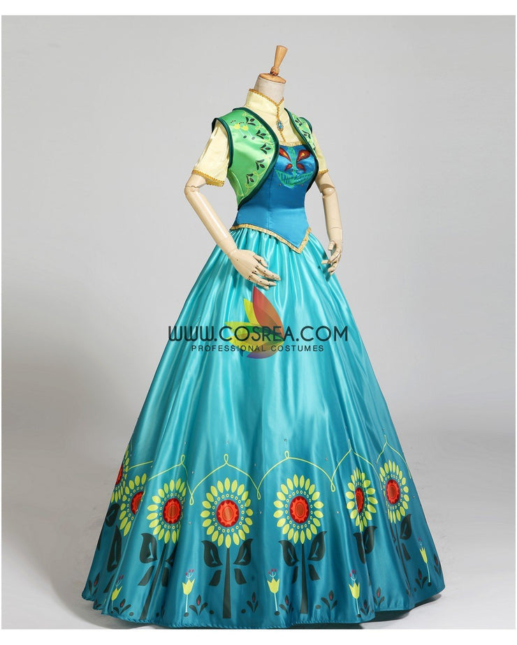 Frozen Fever Anna Turquoise Satin Embroidered Cosplay Costume