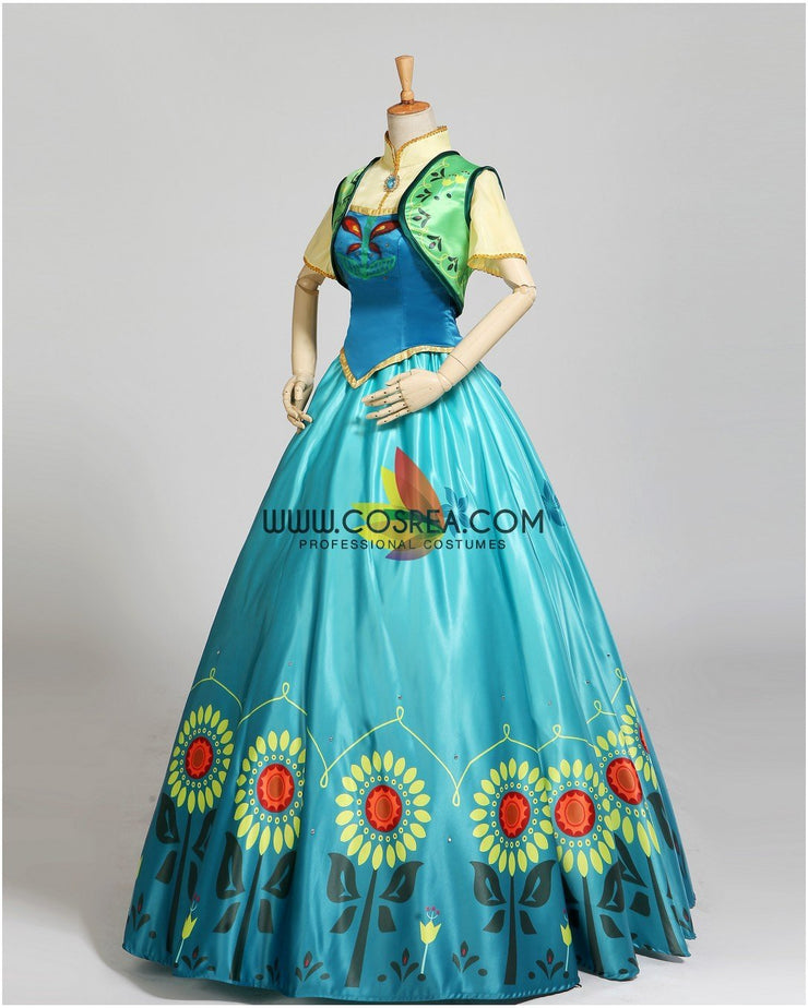 Frozen Fever Anna Turquoise Satin Embroidered Cosplay Costume