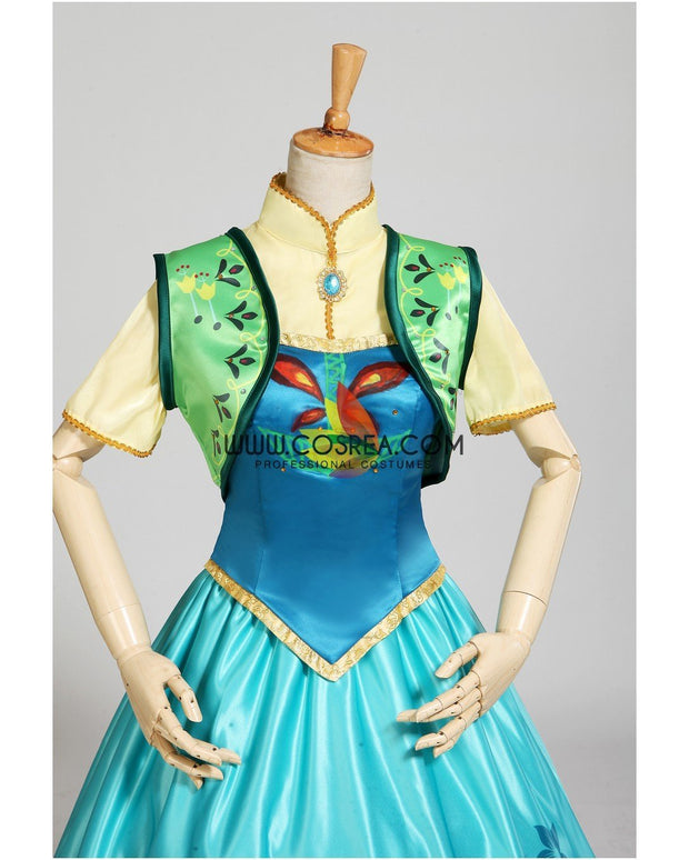 Frozen Fever Anna Turquoise Satin Embroidered Cosplay Costume Cosrea Cosplay