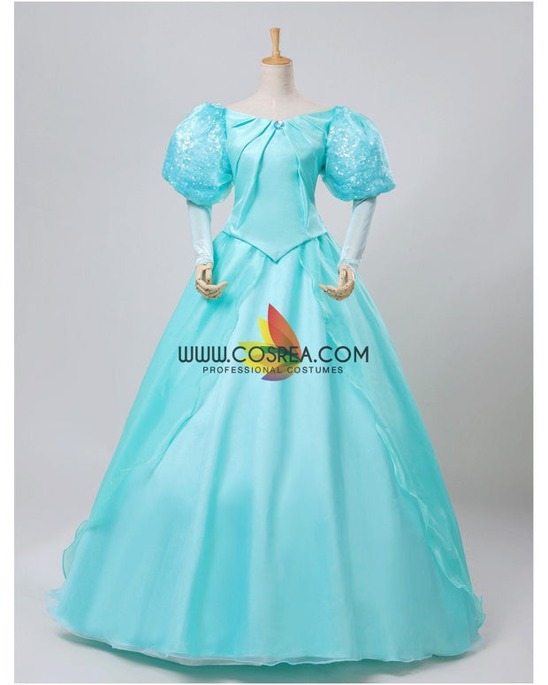 Cosrea Disney Little Mermaid Ariel Turquoise Tulle With Sequin Sleeves Cosplay Costume