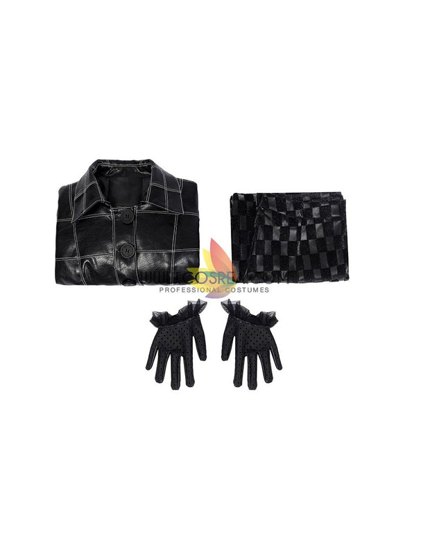 Cosrea Disney No Option Disney Cruella 2021 Movie Black Plaid PU Leather Cosplay Costume