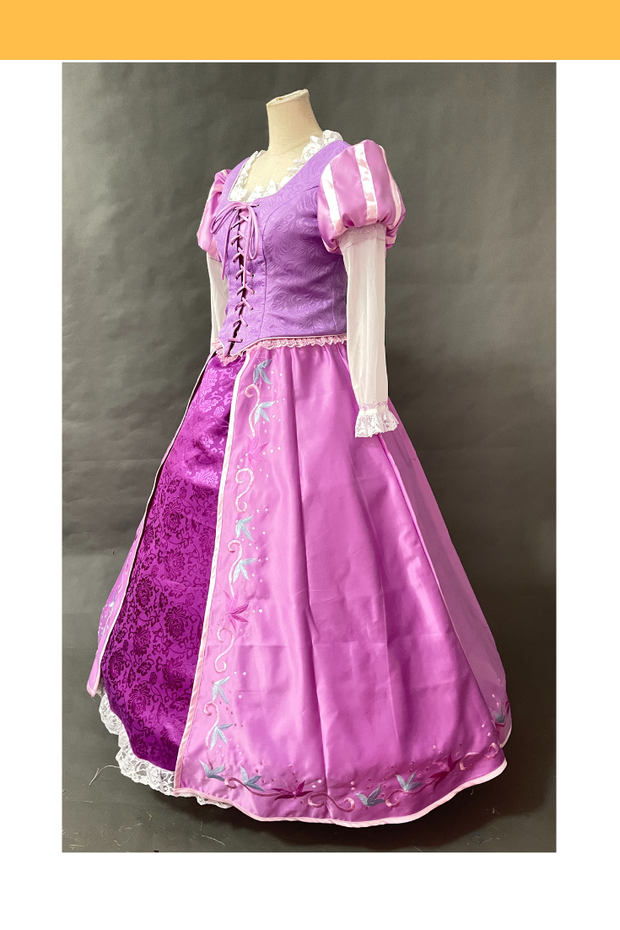 Cosrea Disney Rapunzel Classic Embroidered With Lilac Pink Brocade Satin Cosplay Costume