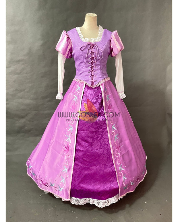 Cosrea Disney Rapunzel Classic Embroidered With Lilac Pink Brocade Satin Cosplay Costume