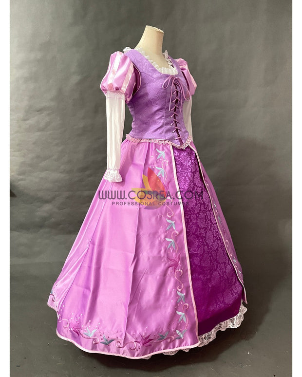 Cosrea Disney Rapunzel Classic Embroidered With Lilac Pink Brocade Satin Cosplay Costume