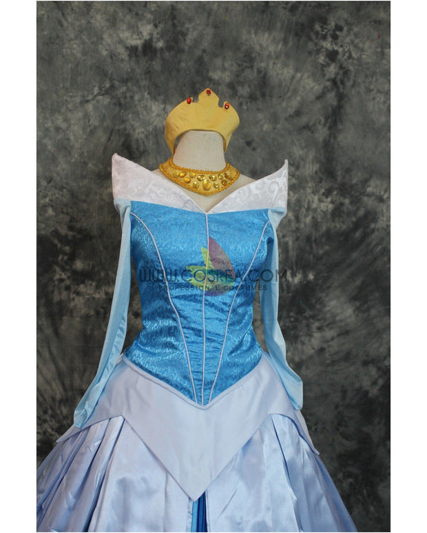 Cosrea Disney Sleeping Beauty Aurora Blue Brocade Satin Cosplay Costume